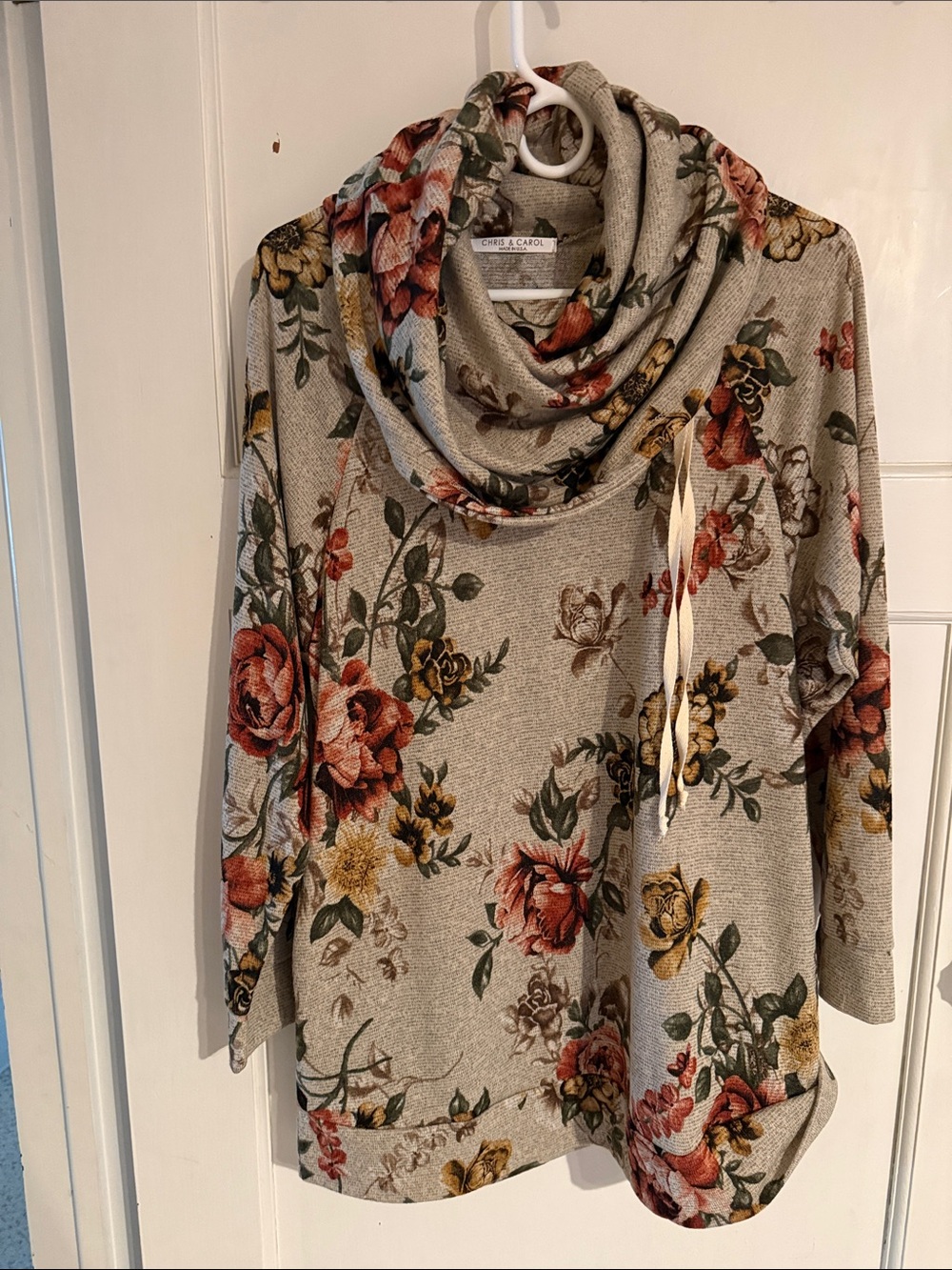 Chris & Carol Beige Floral Cowl Neck tunic top with Rose & Mustard Blooms